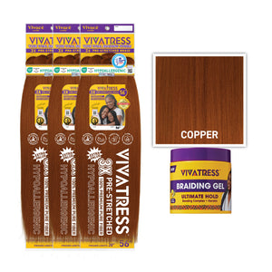 VIVATRESS Pre-Stretched Braiding Hair & Braiding Gel Bundle Set - 56" Premium Synthetic Yaki Fiber, Tangle Resistant, Ultra Lightweight, Non-Toxic & Hypoallergenic for Protective Styles (3 Packs, 16 oz Gel)