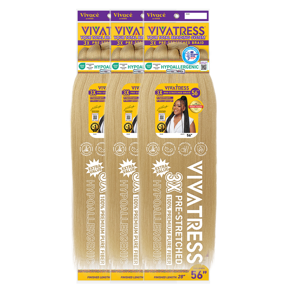 VIVATRESS Pre-Stretched Braiding Hair 3-Pack Bundle - 56" Premium Synthetic Yaki Fiber, Tangle Resistant, Ultra Lightweight, Non-Toxic & Hypoallergenic for Protective Styles