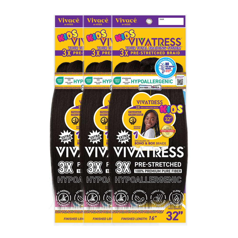 VIVATRESS Pre-Stretched Braiding Hair 3-Pack Bundle - 32" Premium Synthetic Yaki Fiber, Tangle Resistant, Ultra Lightweight, Non-Toxic & Hypoallergenic for Protective Styles