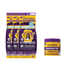 VIVATRESS Pre-Stretched Braiding Hair & Braiding Gel Bundle Set - 32" Premium Synthetic Yaki Fiber, Tangle Resistant, Ultra Lightweight, Non-Toxic & Hypoallergenic for Protective Styles (3 Packs, 16 oz Gel)
