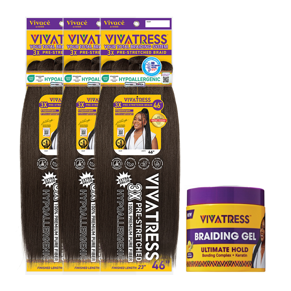VIVATRESS Pre-Stretched Braiding Hair & Braiding Gel Bundle Set - 46" Premium Synthetic Yaki Fiber, Tangle Resistant, Ultra Lightweight, Non-Toxic & Hypoallergenic for Protective Styles (3 Packs, 16 oz Gel)