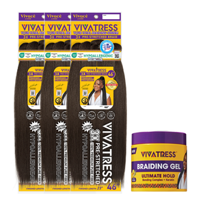 VIVATRESS Pre-Stretched Braiding Hair & Braiding Gel Bundle Set - 46" Premium Synthetic Yaki Fiber, Tangle Resistant, Ultra Lightweight, Non-Toxic & Hypoallergenic for Protective Styles (3 Packs, 16 oz Gel)