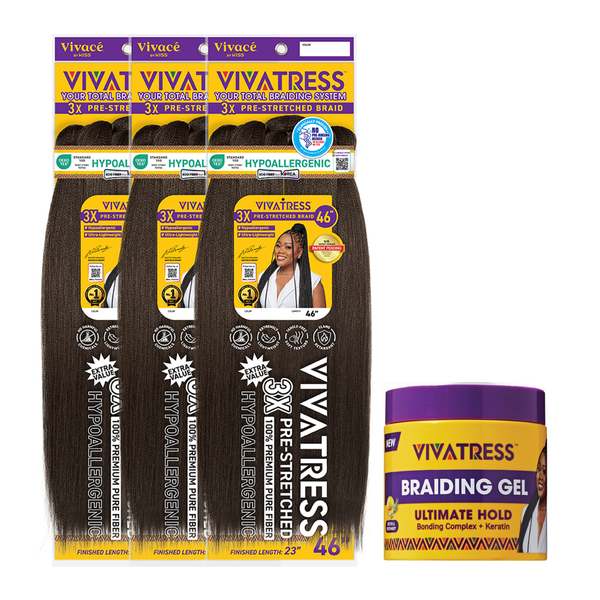 VIVATRESS Pre-Stretched Braiding Hair & Braiding Gel Bundle Set - 46" Premium Synthetic Yaki Fiber, Tangle Resistant, Ultra Lightweight, Non-Toxic & Hypoallergenic for Protective Styles (3 Packs, 16 oz Gel)