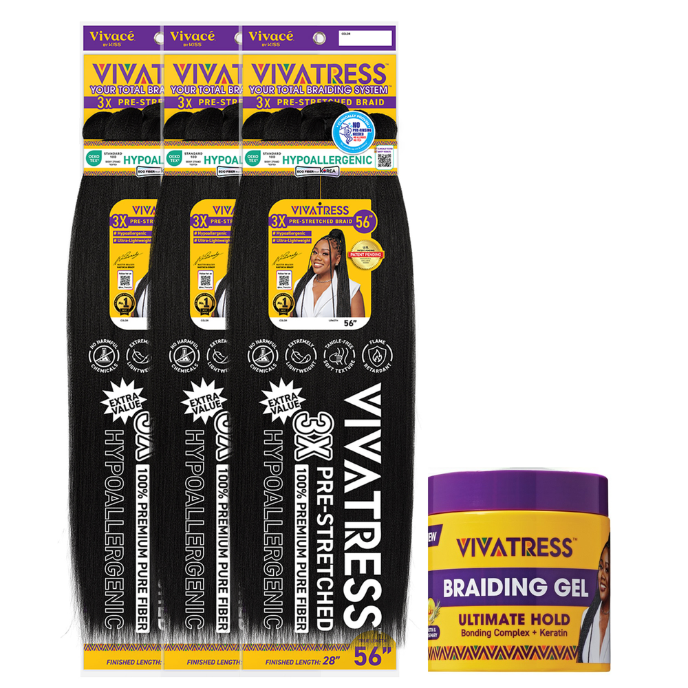 VIVATRESS Pre-Stretched Braiding Hair & Braiding Gel Bundle Set - 56" Premium Synthetic Yaki Fiber, Tangle Resistant, Ultra Lightweight, Non-Toxic & Hypoallergenic for Protective Styles (3 Packs, 16 oz Gel)