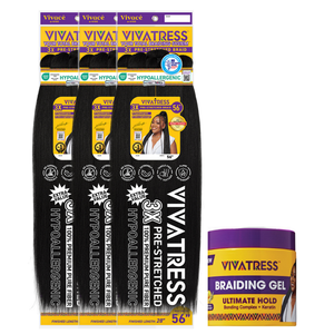 VIVATRESS Pre-Stretched Braiding Hair & Braiding Gel Bundle Set - 56" Premium Synthetic Yaki Fiber, Tangle Resistant, Ultra Lightweight, Non-Toxic & Hypoallergenic for Protective Styles (3 Packs, 16 oz Gel)