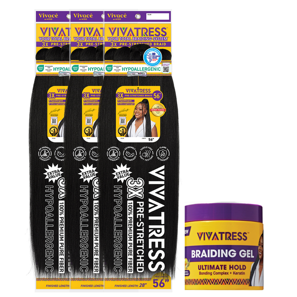 VIVATRESS Pre-Stretched Braiding Hair & Braiding Gel Bundle Set - 56" Premium Synthetic Yaki Fiber, Tangle Resistant, Ultra Lightweight, Non-Toxic & Hypoallergenic for Protective Styles (3 Packs, 16 oz Gel)