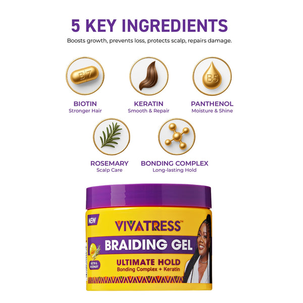 VIVATRESS Ultimate Hold Braiding Gel – 4X Extra Strong, No Flake, Non-Greasy, Long Lasting Sleek Styling Gel with Keratin, Biotin & Rosemary (16 oz)