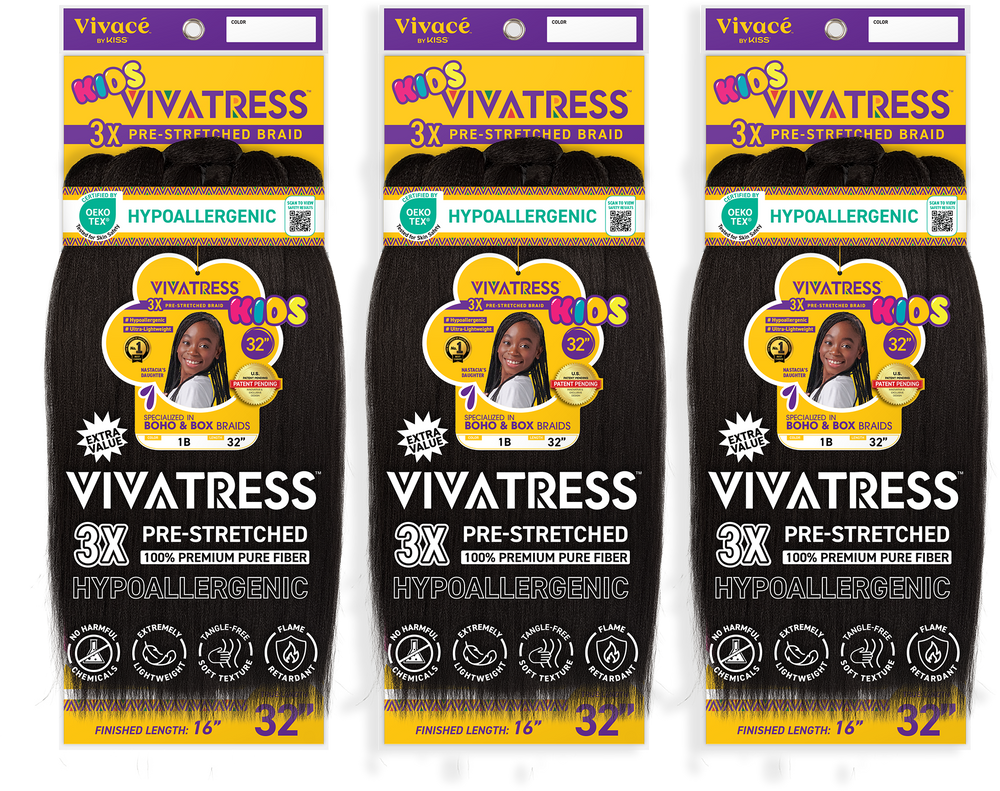 VIVATRESS Pre-Stretched Braiding Hair 3-Pack Bundle - 32" Premium Synthetic Yaki Fiber, Tangle Resistant, Ultra Lightweight, Non-Toxic & Hypoallergenic for Protective Styles
