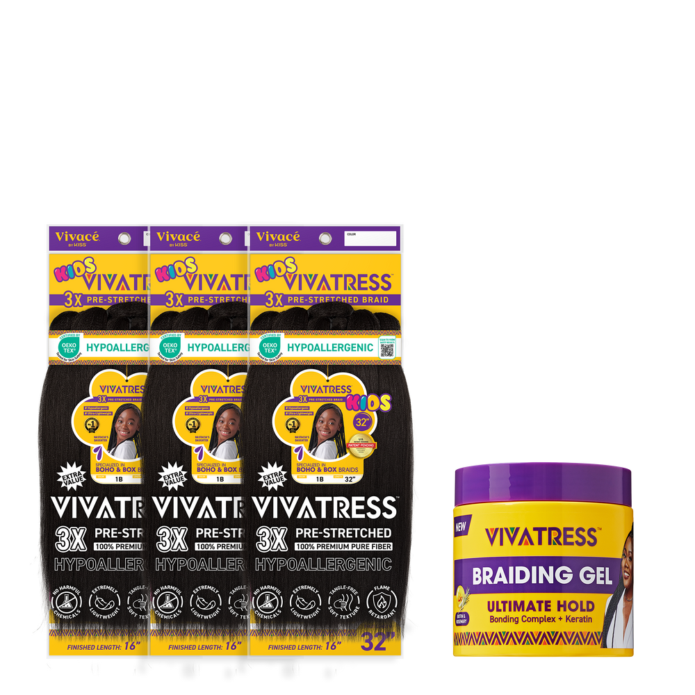 VIVATRESS Pre-Stretched Braiding Hair & Braiding Gel Bundle Set - 32" Premium Synthetic Yaki Fiber, Tangle Resistant, Ultra Lightweight, Non-Toxic & Hypoallergenic for Protective Styles (3 Packs, 16 oz Gel)