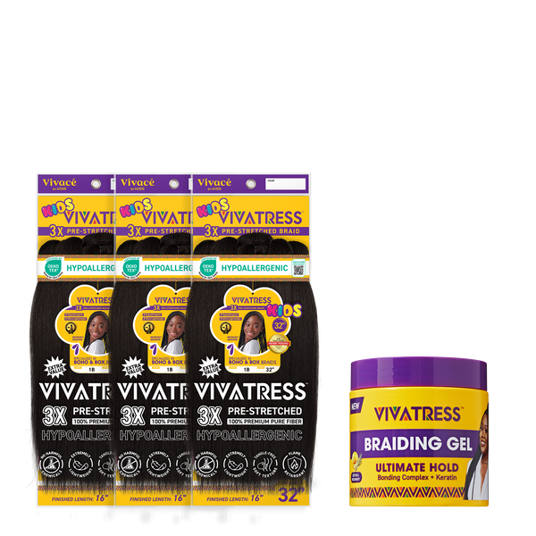 VIVATRESS Pre-Stretched Braiding Hair & Braiding Gel Bundle Set - 32" Premium Synthetic Yaki Fiber, Tangle Resistant, Ultra Lightweight, Non-Toxic & Hypoallergenic for Protective Styles (3 Packs, 16 oz Gel)