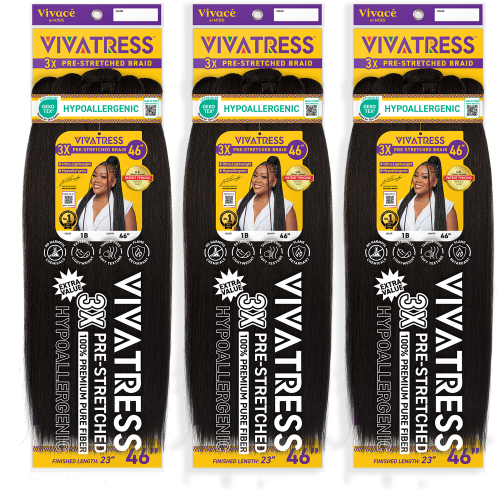 VIVATRESS Pre-Stretched Braiding Hair 3-Pack Bundle - 46" Premium Synthetic Yaki Fiber, Tangle Resistant, Ultra Lightweight, Non-Toxic & Hypoallergenic for Protective Styles