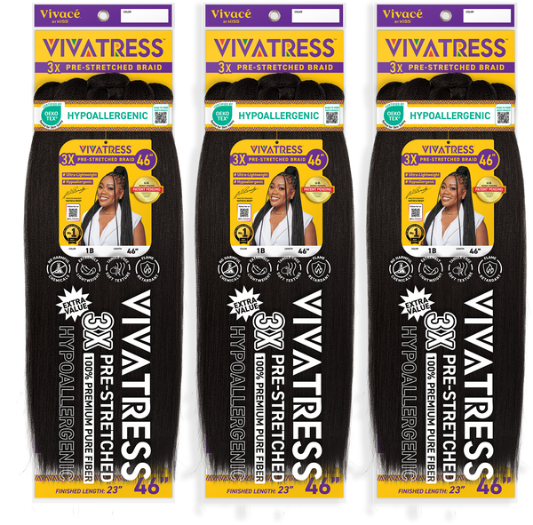 VIVATRESS Pre-Stretched Braiding Hair 3-Pack Bundle - 46" Premium Synthetic Yaki Fiber, Tangle Resistant, Ultra Lightweight, Non-Toxic & Hypoallergenic for Protective Styles