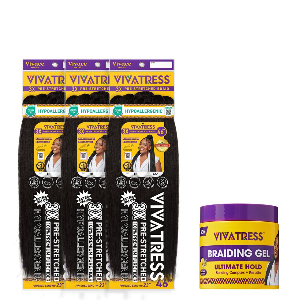 VIVATRESS Pre-Stretched Braiding Hair & Braiding Gel Bundle Set - 46" Premium Synthetic Yaki Fiber, Tangle Resistant, Ultra Lightweight, Non-Toxic & Hypoallergenic for Protective Styles (3 Packs, 16 oz Gel)