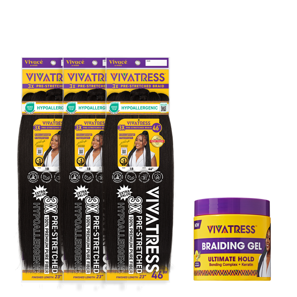 VIVATRESS Pre-Stretched Braiding Hair & Braiding Gel Bundle Set - 46" Premium Synthetic Yaki Fiber, Tangle Resistant, Ultra Lightweight, Non-Toxic & Hypoallergenic for Protective Styles (3 Packs, 16 oz Gel)