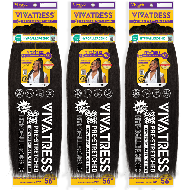VIVATRESS Pre-Stretched Braiding Hair 3-Pack Bundle - 56" Premium Synthetic Yaki Fiber, Tangle Resistant, Ultra Lightweight, Non-Toxic & Hypoallergenic for Protective Styles