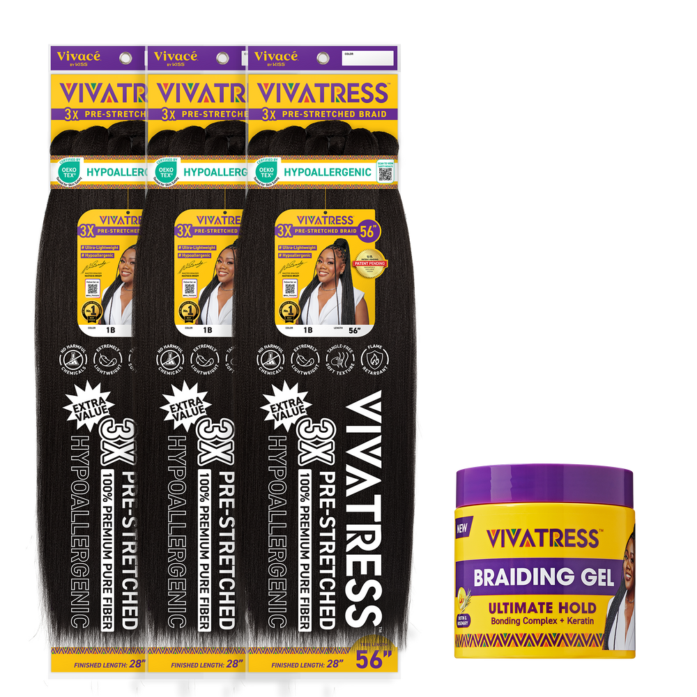 VIVATRESS Pre-Stretched Braiding Hair & Braiding Gel Bundle Set - 56" Premium Synthetic Yaki Fiber, Tangle Resistant, Ultra Lightweight, Non-Toxic & Hypoallergenic for Protective Styles (3 Packs, 16 oz Gel)